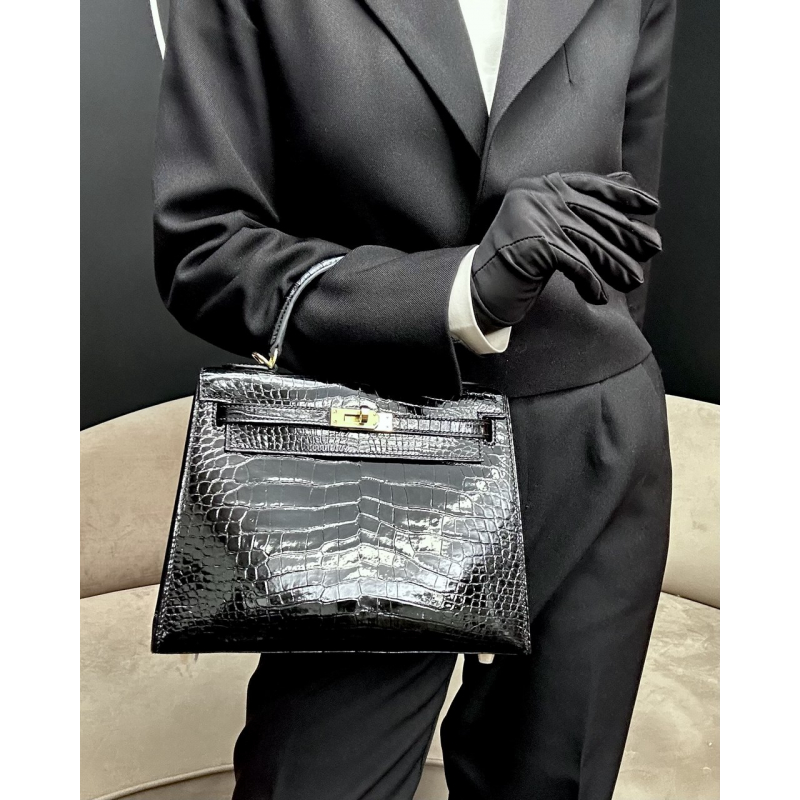 Сумка в стиле Hermès Kelly 25 из кожи крокодила Shiny Porosus