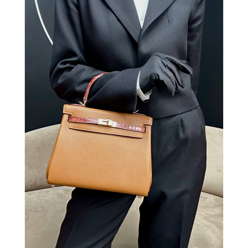 Сумка в стиле Hermès Kelly 25 из кожи Togo и крокодила Porosus